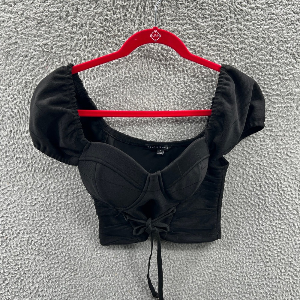 Womens Bustier Crop‎ Top S Black Stretch Coquette Puff Sleeve Lace Up Party Club
